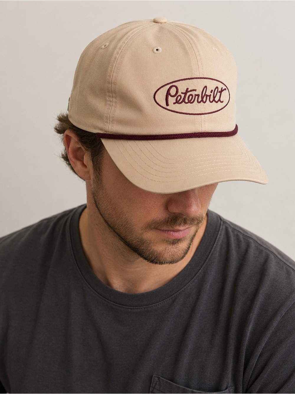 Peterbilt Richardson Outdoor Rope Hat Snapback Beige Burgundy Trucker Cap